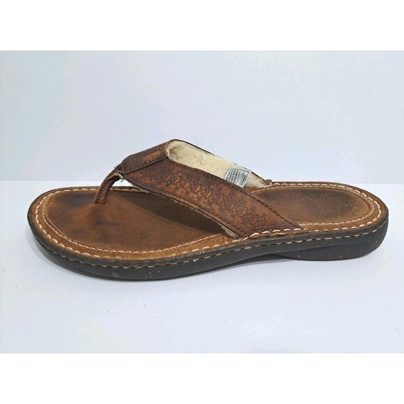 UGG Men's Size 10 Brown Sherpa Lined Leather Flip Flops Sandals Sheepskin Tooled - Picture 3 of 11